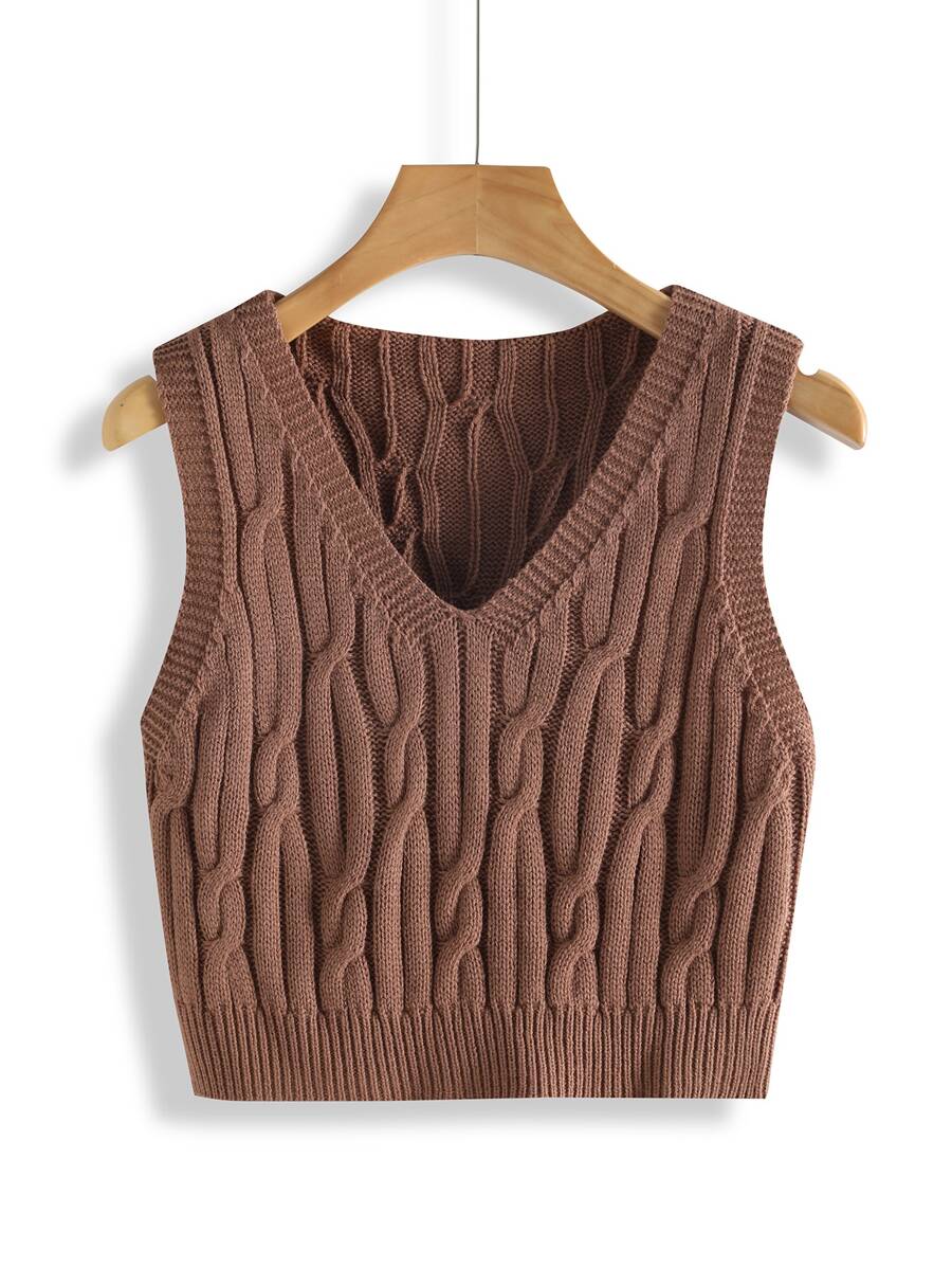 SHEIN Unity Cable Knit Sweater Vest - Coffee Brown - View 1