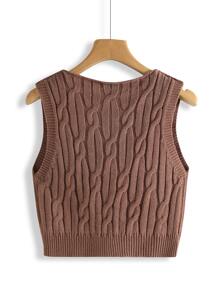 SHEIN Unity Cable Knit Sweater Vest - Coffee Brown - View 2