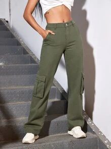 SHEIN EZwear 素色側翻蓋口袋工裝牛仔褲 - 軍綠色 - 查看 1