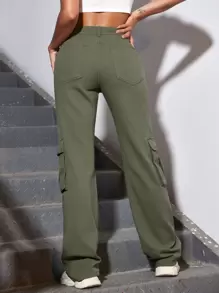 SHEIN EZwear 素色側翻蓋口袋工裝牛仔褲 - 軍綠色 - 查看 2