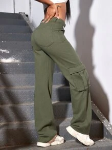 SHEIN EZwear 素色側翻蓋口袋工裝牛仔褲 - 軍綠色 - 查看 3