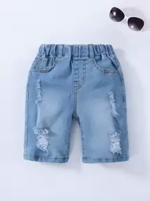Young Boy Daily Vintage  Boho Street Casual Destroy Roll Up Hem Elastic Waist Stretchy Denim Shorts - Light Wash - View 1