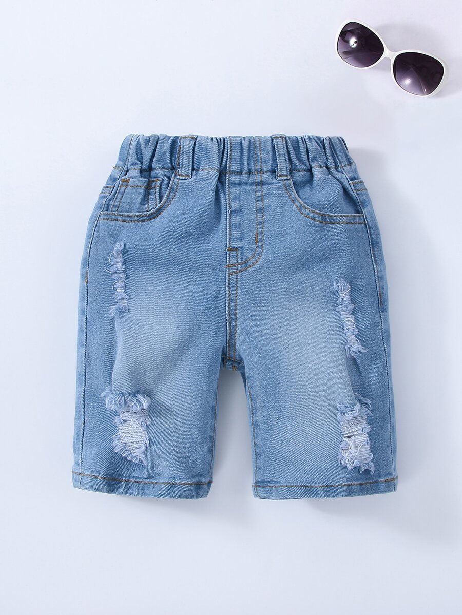 Young Boy Daily Vintage  Boho Street Casual Destroy Roll Up Hem Elastic Waist Stretchy Denim Shorts - Light Wash - View 1