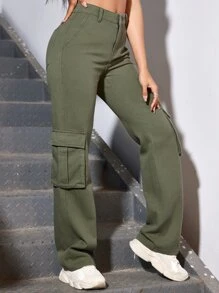 SHEIN EZwear 素色側翻蓋口袋工裝牛仔褲 - 軍綠色 - 查看 5