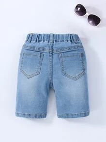 Young Boy Daily Vintage  Boho Street Casual Destroy Roll Up Hem Elastic Waist Stretchy Denim Shorts - Light Wash - View 2