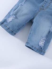 Young Boy Daily Vintage  Boho Street Casual Destroy Roll Up Hem Elastic Waist Stretchy Denim Shorts - Light Wash - View 3