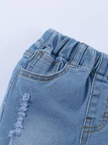 Young Boy Daily Vintage  Boho Street Casual Destroy Roll Up Hem Elastic Waist Stretchy Denim Shorts - Light Wash - View 4