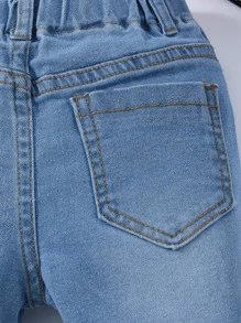 Young Boy Daily Vintage  Boho Street Casual Destroy Roll Up Hem Elastic Waist Stretchy Denim Shorts - Light Wash - View 6