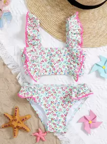 Conjunto de bikini con estampado floral aleatorio y ribete de volantes para niña joven, playa de verano - Rosa - Ver 1