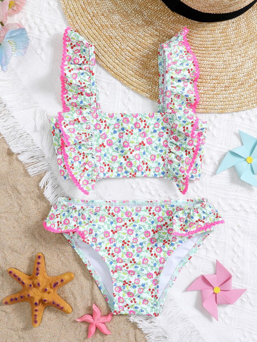 Conjunto de bikini con estampado floral aleatorio y ribete de volantes para niña joven, playa de verano - Rosa - Ver 1