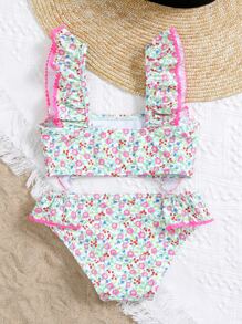 Conjunto de bikini con estampado floral aleatorio y ribete de volantes para niña joven, playa de verano - Rosa - Ver 2