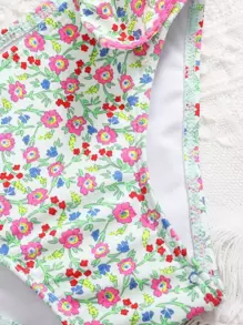 Conjunto de bikini con estampado floral aleatorio y ribete de volantes para niña joven, playa de verano - Rosa - Ver 3