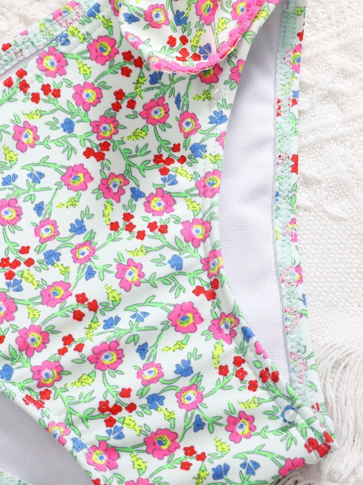 Young Girl Random Floral Print Ruffle Trim Bikini Set Summer Beach Summer Holiday - Pink - View 3