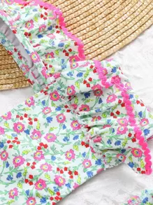 Conjunto de bikini con estampado floral aleatorio y ribete de volantes para niña joven, playa de verano - Rosa - Ver 4
