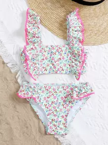 Conjunto de bikini con estampado floral aleatorio y ribete de volantes para niña joven, playa de verano - Rosa - Ver 5