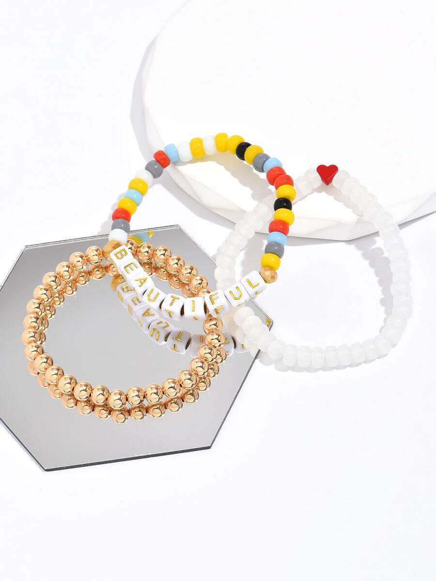 3入組字母細節愛心裝飾隨機串珠手鏈 - 彩色 - 查看 1
