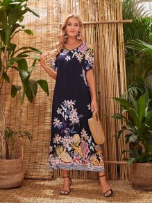 EMERY ROSE Floral Print Contrast Binding Dress - Navy Blue - View 2