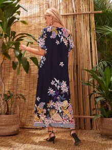 EMERY ROSE Floral Print Contrast Binding Dress - Navy Blue - View 3