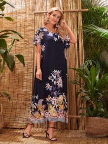 EMERY ROSE Floral Print Contrast Binding Dress - Navy Blue - View 1