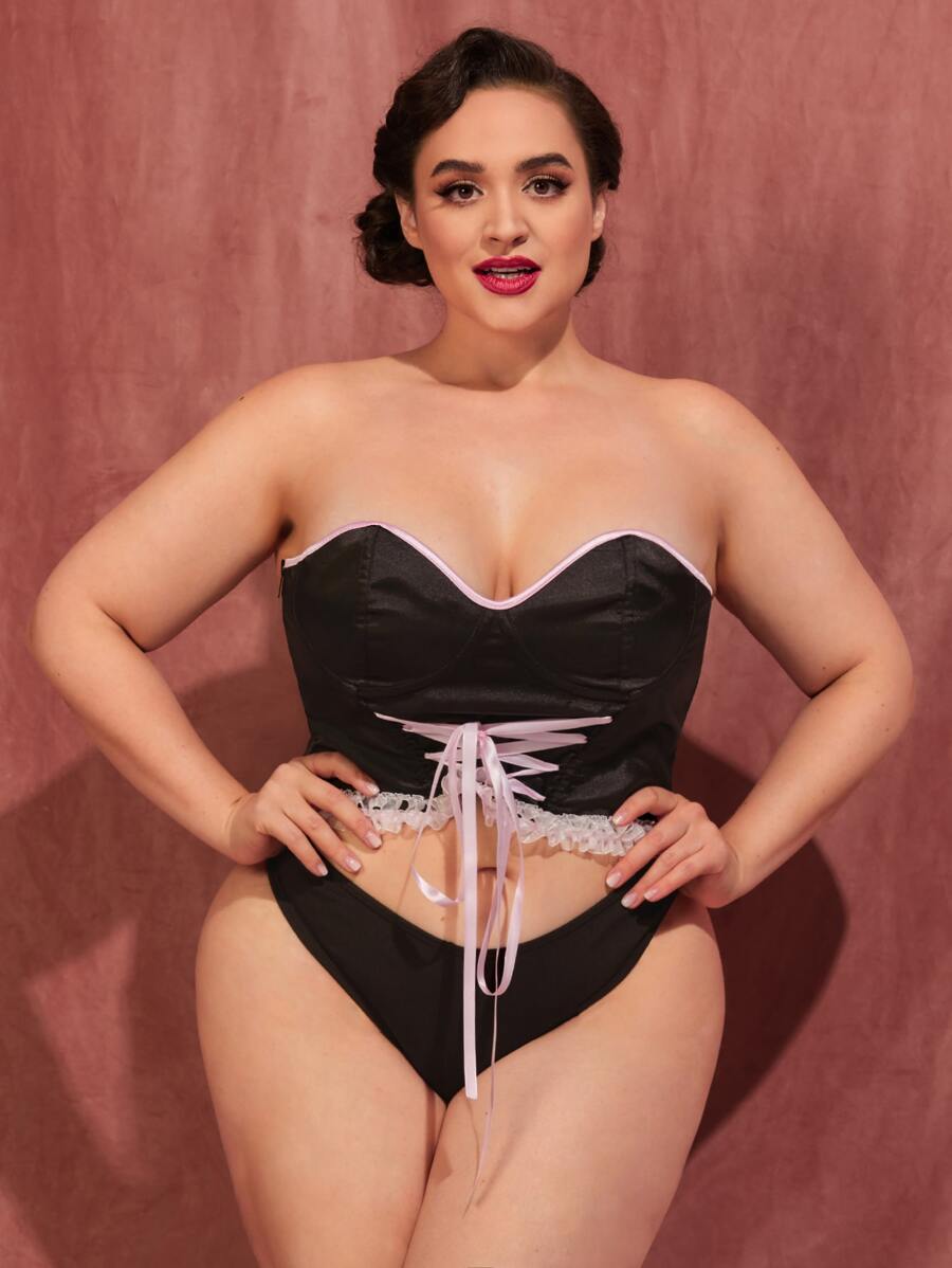 Plus Lace Up Overbust Shapewear Top - Black - View 1