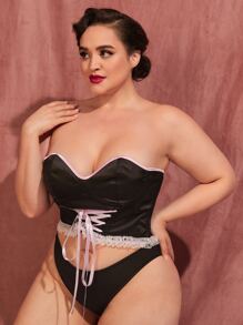 Plus Lace Up Overbust Shapewear Top - Black - View 3