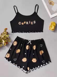 Letter & Cartoon Graphic Lettuce Trim PJ Set - Black - View 1