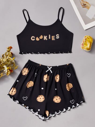 طقم بيجامة بجرافيك عبارة والرسوم المتحركة مقلم نمط نبات الخس