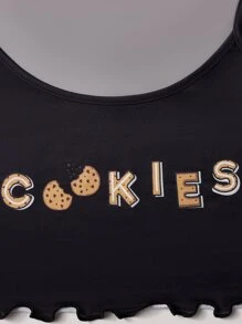 Letter & Cartoon Graphic Lettuce Trim PJ Set - Black - View 4