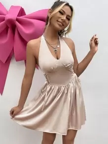 Backless Hook And Eye Lace Up Side Satin Halter Dress - Apricot - View 1