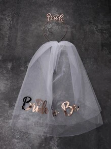 字母图案新娘面纱和新娘手饰，白色双丝带边缘中心层叠新娘婚礼面纱万圣节秋季女士服装 - 米色 - 查看 1