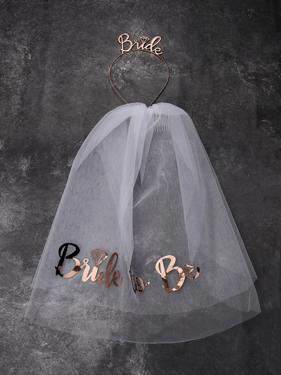 字母图案新娘面纱和新娘手饰，白色双丝带边缘中心层叠新娘婚礼面纱万圣节秋季女士服装 - 米色 - 查看 1