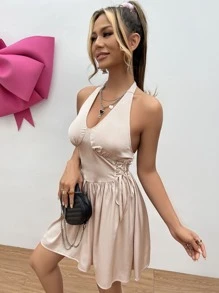 Backless Hook And Eye Lace Up Side Satin Halter Dress - Apricot - View 4