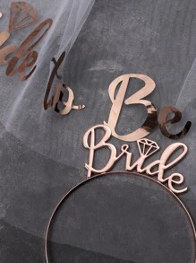 字母图案新娘面纱和新娘手饰，白色双丝带边缘中心层叠新娘婚礼面纱万圣节秋季女士服装 - 米色 - 查看 4