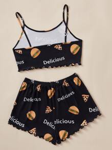 Letter & Cartoon Graphic Lettuce Trim PJ Set - Black - View 2