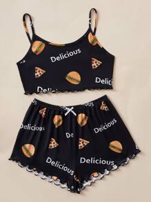 Letter & Cartoon Graphic Lettuce Trim PJ Set - Black - View 3