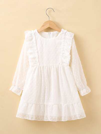 Girls Swiss Dot Flounce Sleeve Ruffle Hem Dress