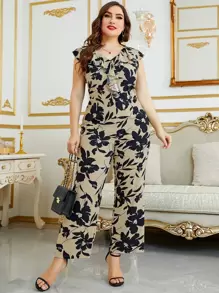 Mulvari Plus Floral Print Ruffle Trim Jumpsuit - Multicolor - View 1