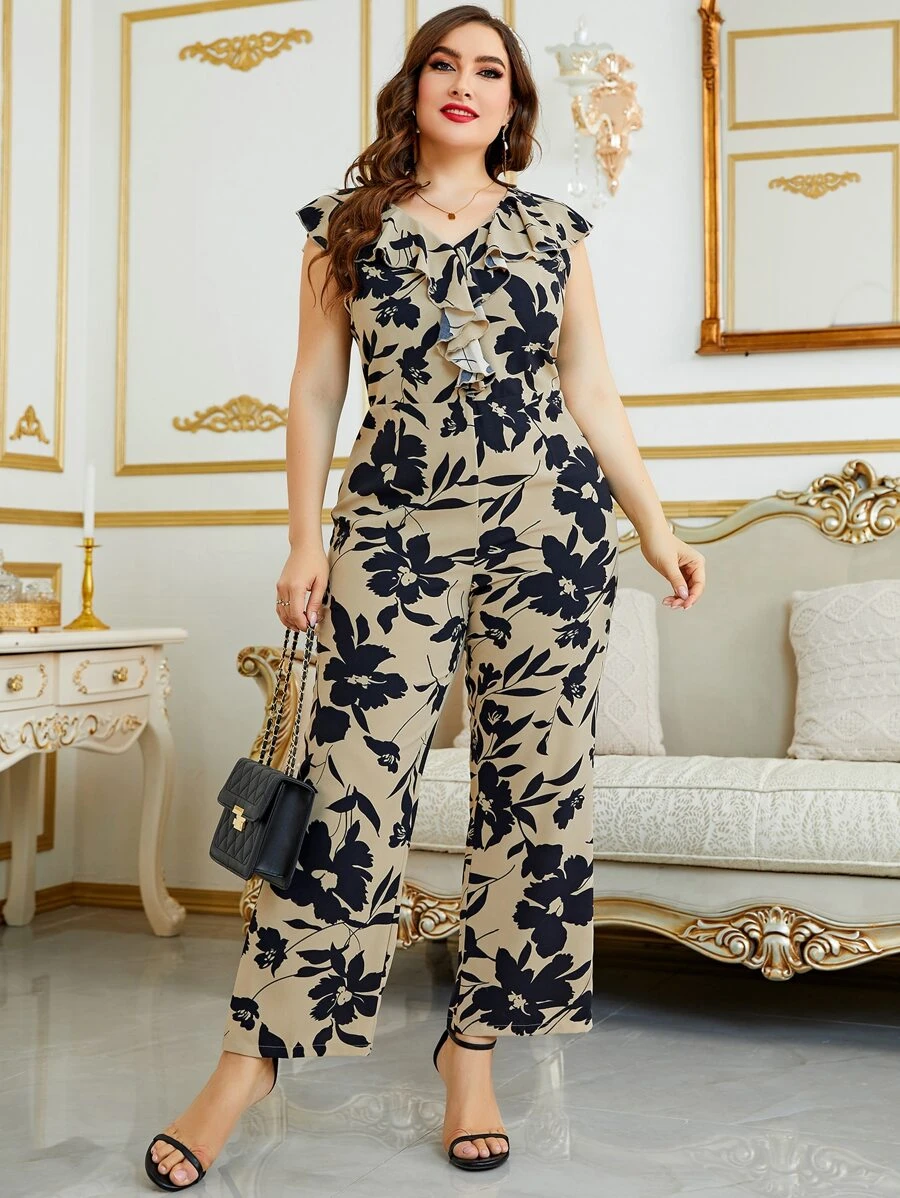 Mulvari Plus Floral Print Ruffle Trim Jumpsuit - Multicolor - View 1