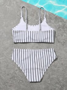 Tween Girl Striped Bikini Set Summer Beach - Black and White - View 2