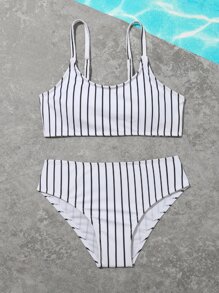 Tween Girl Striped Bikini Set Summer Beach - Black and White - View 5