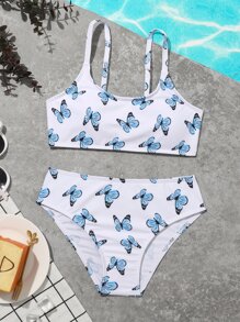 少女蝴蝶印花比基尼套装 夏日海滩 - 彩色 - 查看 1
