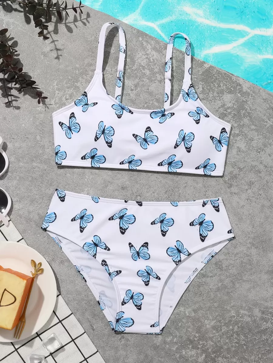 少女蝴蝶印花比基尼套装 夏日海滩 - 彩色 - 查看 1