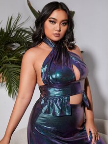 大碼交叉鏤空後背繫帶短款金屬質感掛脖上衣 - 彩色 - 查看 4