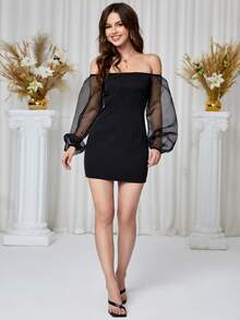 Off The Shoulder Bishop Sleeve Bodycon Dress - Black - View 4