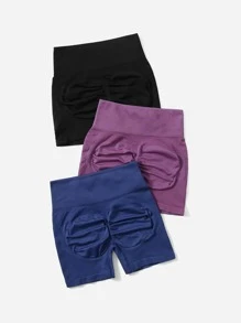 Yoga Basic 3pcs Liền mạch Thắt lưng băng rộng Topstitching Quần short thể thao Vải thun Quần short - Nhiều màu - Xem 1