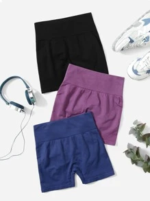 Yoga Basic 3pcs Liền mạch Thắt lưng băng rộng Topstitching Quần short thể thao Vải thun Quần short - Nhiều màu - Xem 2