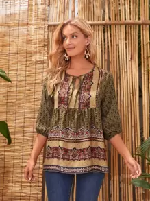 EMERY ROSE Tie Neck Colourblock Floral Print Lantern Sleeve Blouse - Multicolor - View 1