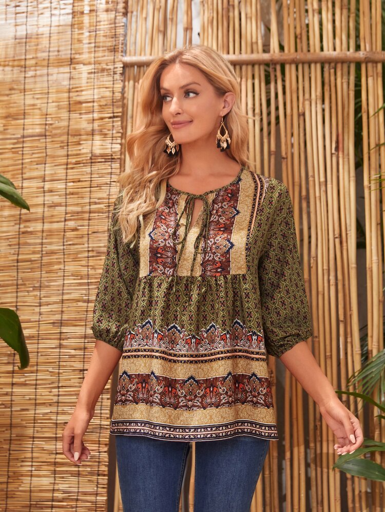 EMERY ROSE Blusa de cuello con cordón de color combinado con estampado floral de manga farol - Multicolor - Añade 1