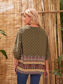 EMERY ROSE Tie Neck Colourblock Floral Print Lantern Sleeve Blouse - Multicolor - View 2