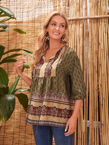 EMERY ROSE Tie Neck Colourblock Floral Print Lantern Sleeve Blouse - Multicolor - View 4